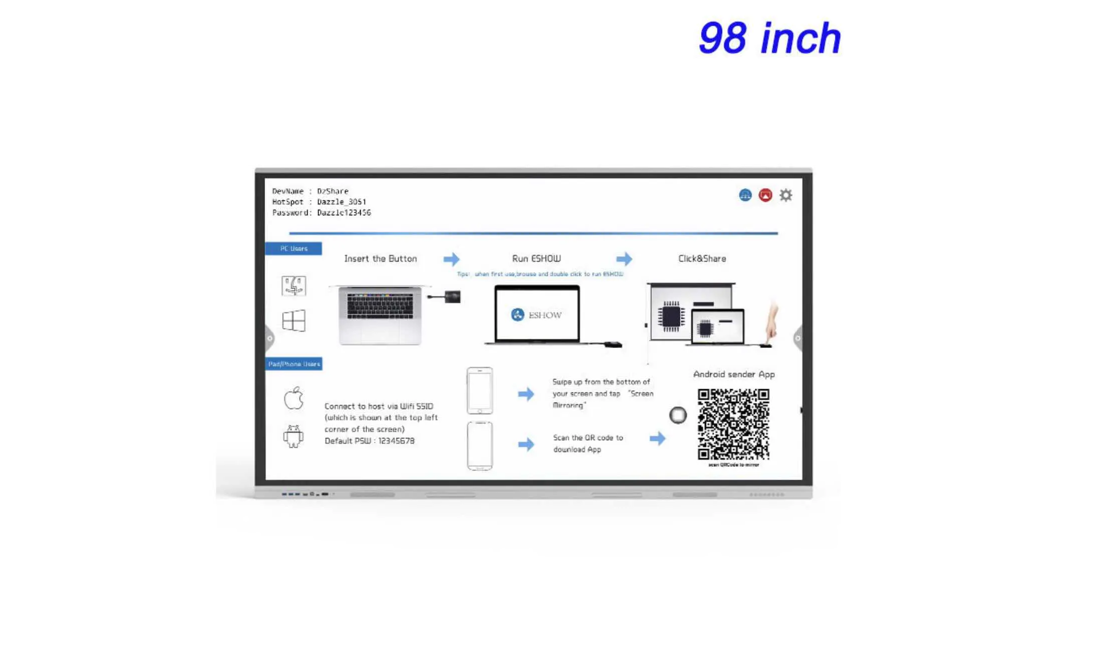 98" интерактивная панель 4K с 20 касаниями и двойной ОС для презентаций и обучения